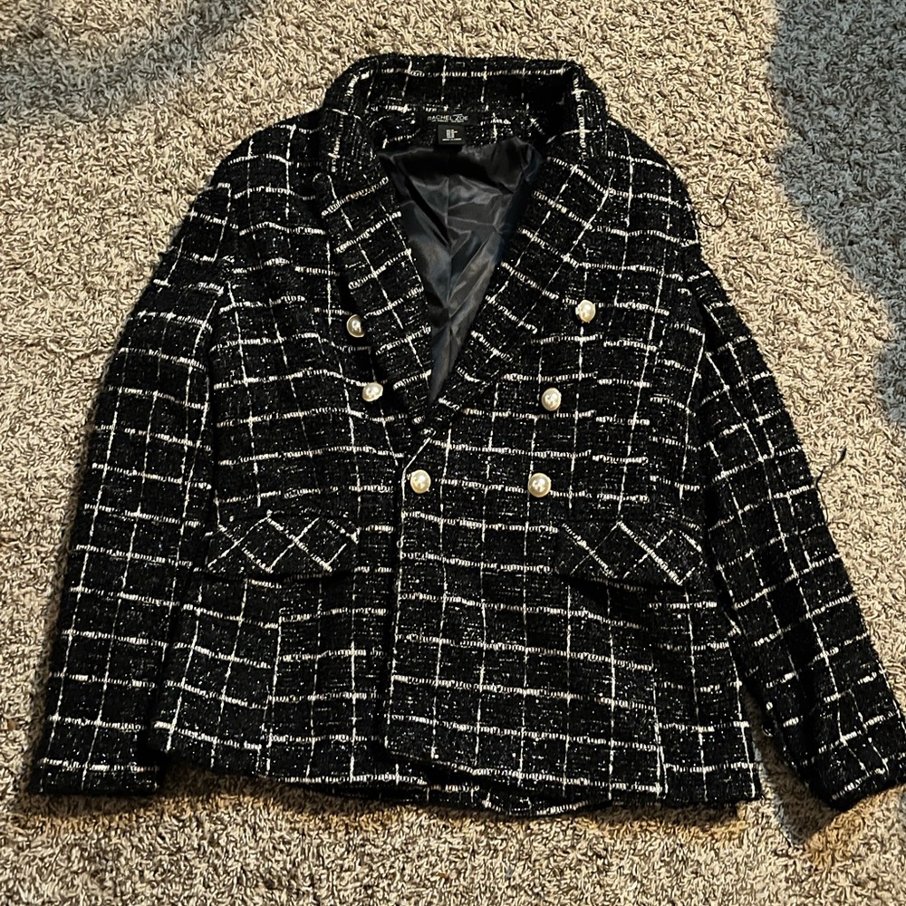 Rachel Zoe Small Black Silver Tweed Silver Crest Button Short Blazer Jacket